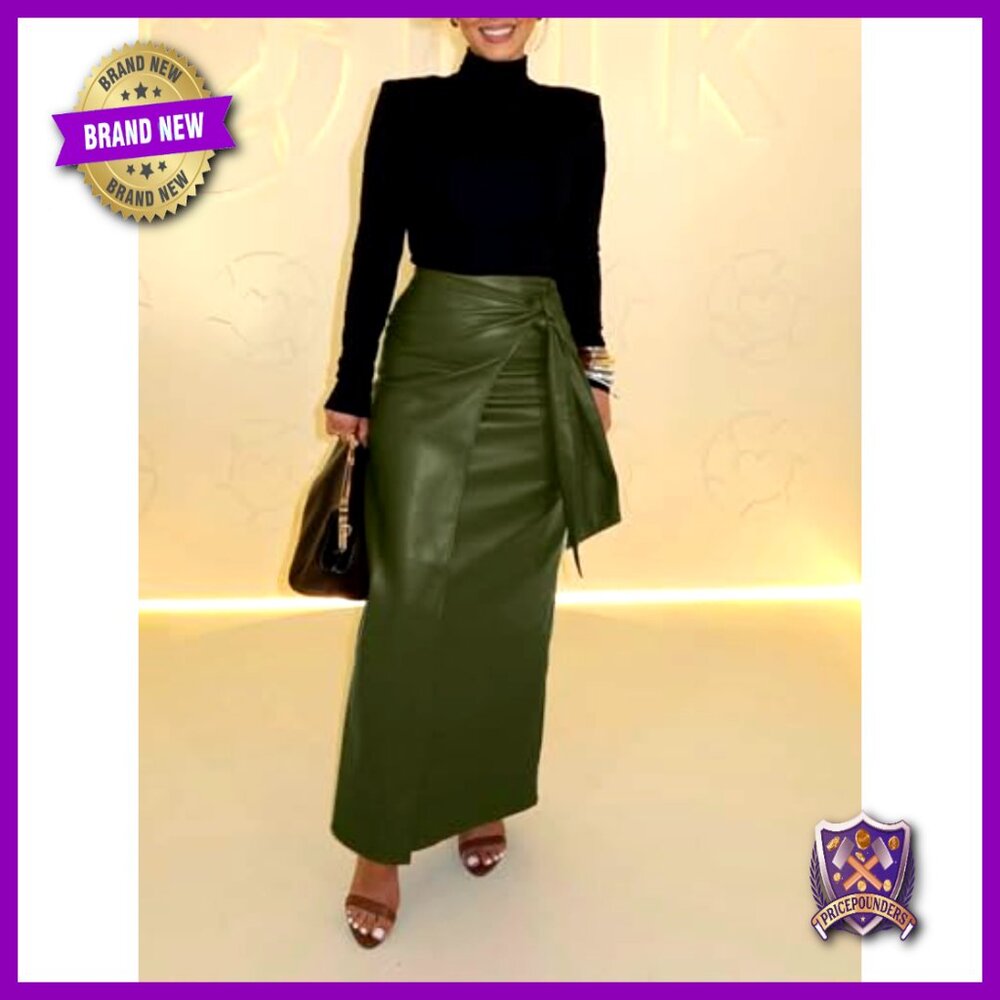 Faux Leather Pencil Skirt High Waisted Wrap Side Slit Work Office - Picture 2 of 4